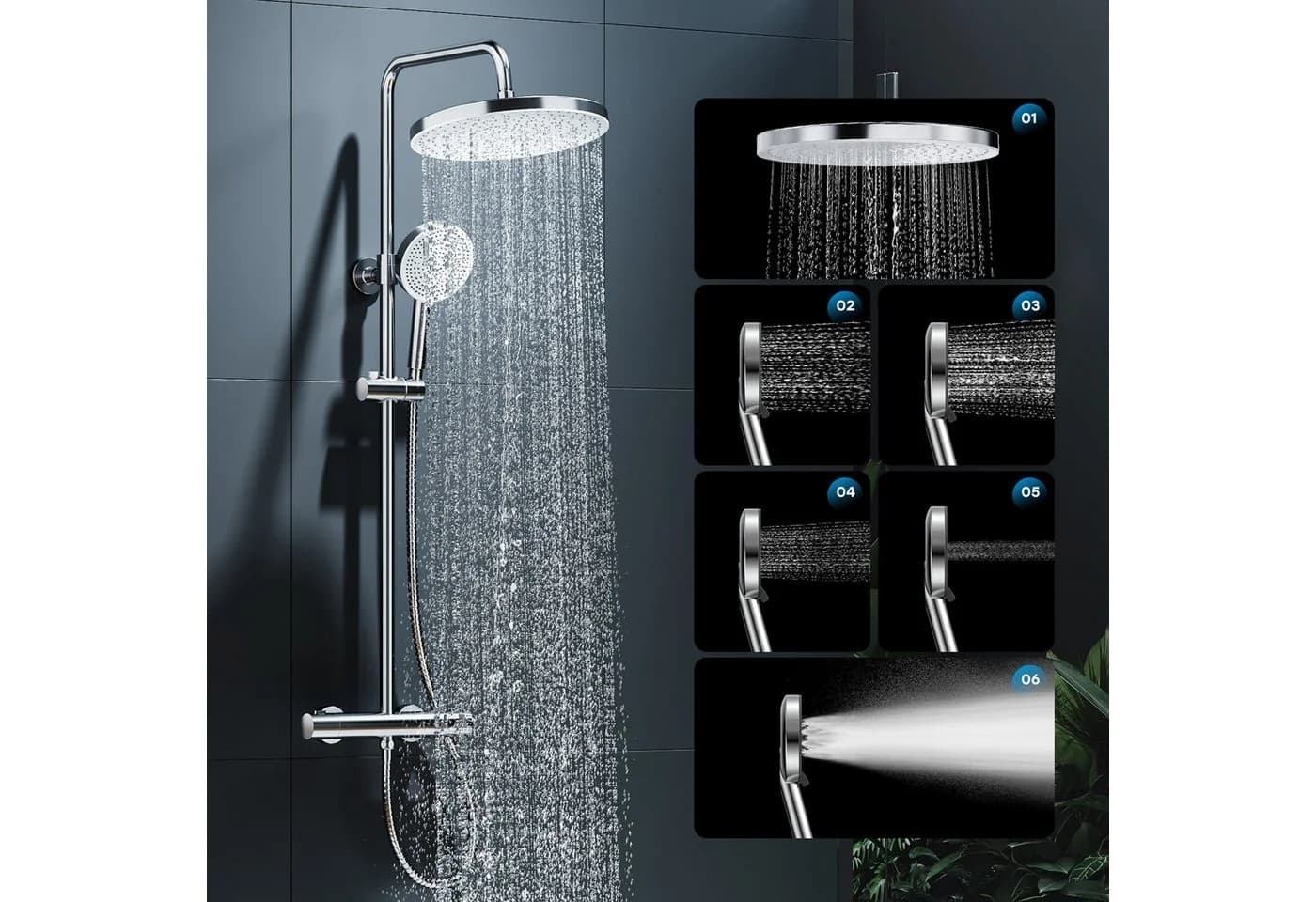 HOROW Brausegarnitur Duschsystem ohne Armatur, 5 Strahlarten, Chrom