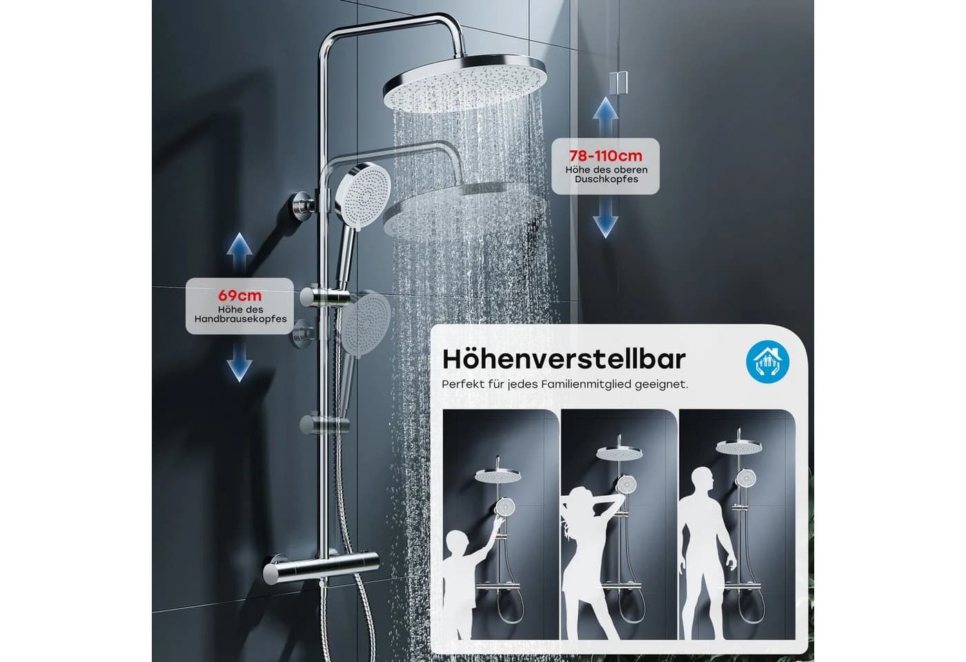 HOROW Brausegarnitur Duschsystem ohne Armatur, 5 Strahlarten, Chrom - Bild 4