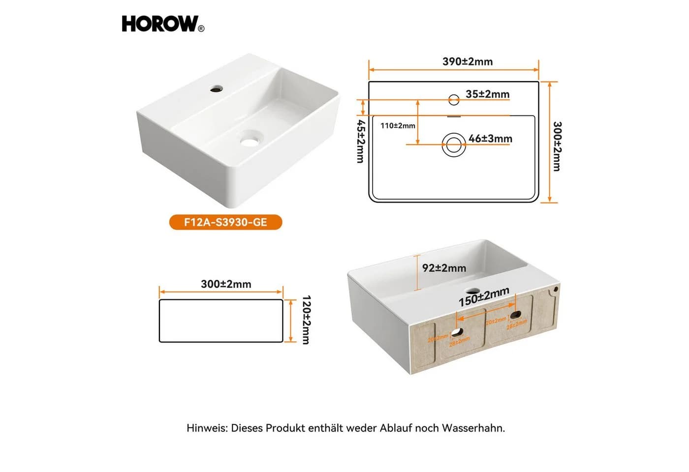 HOROW Keramik-Waschbecken Modern Weiß Schwarz - Bild 4