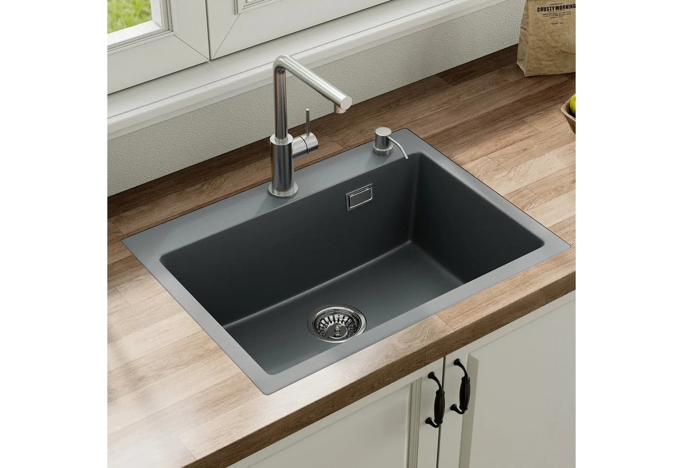 HOROW Granitspüle 60x45cm Schwarz mit Siphon