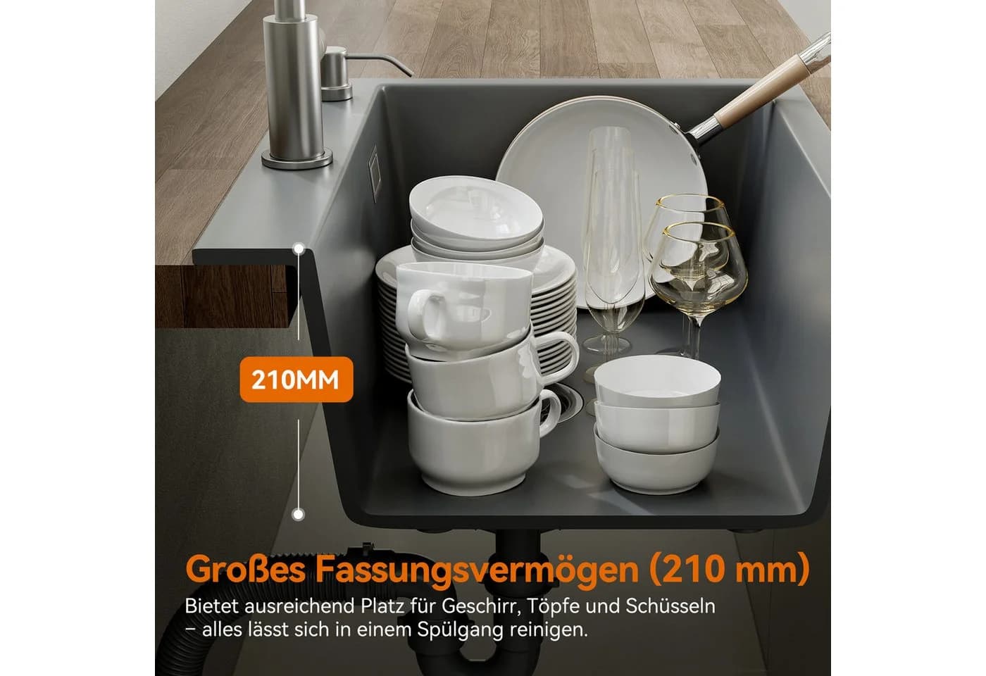 HOROW Granitspüle 60x45cm Schwarz mit Siphon - Bild 4
