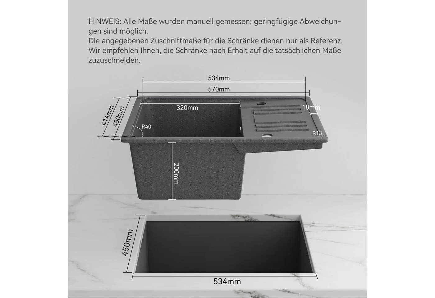 HOROW Granitspüle Küchenspüle Grau mit Siphon - Bild 3