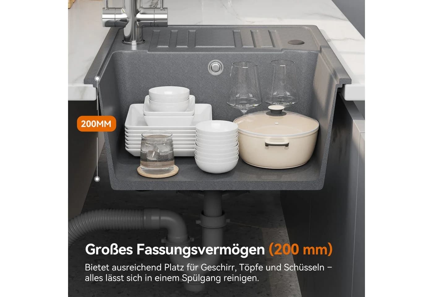 HOROW Granitspüle Küchenspüle Grau mit Siphon - Bild 4