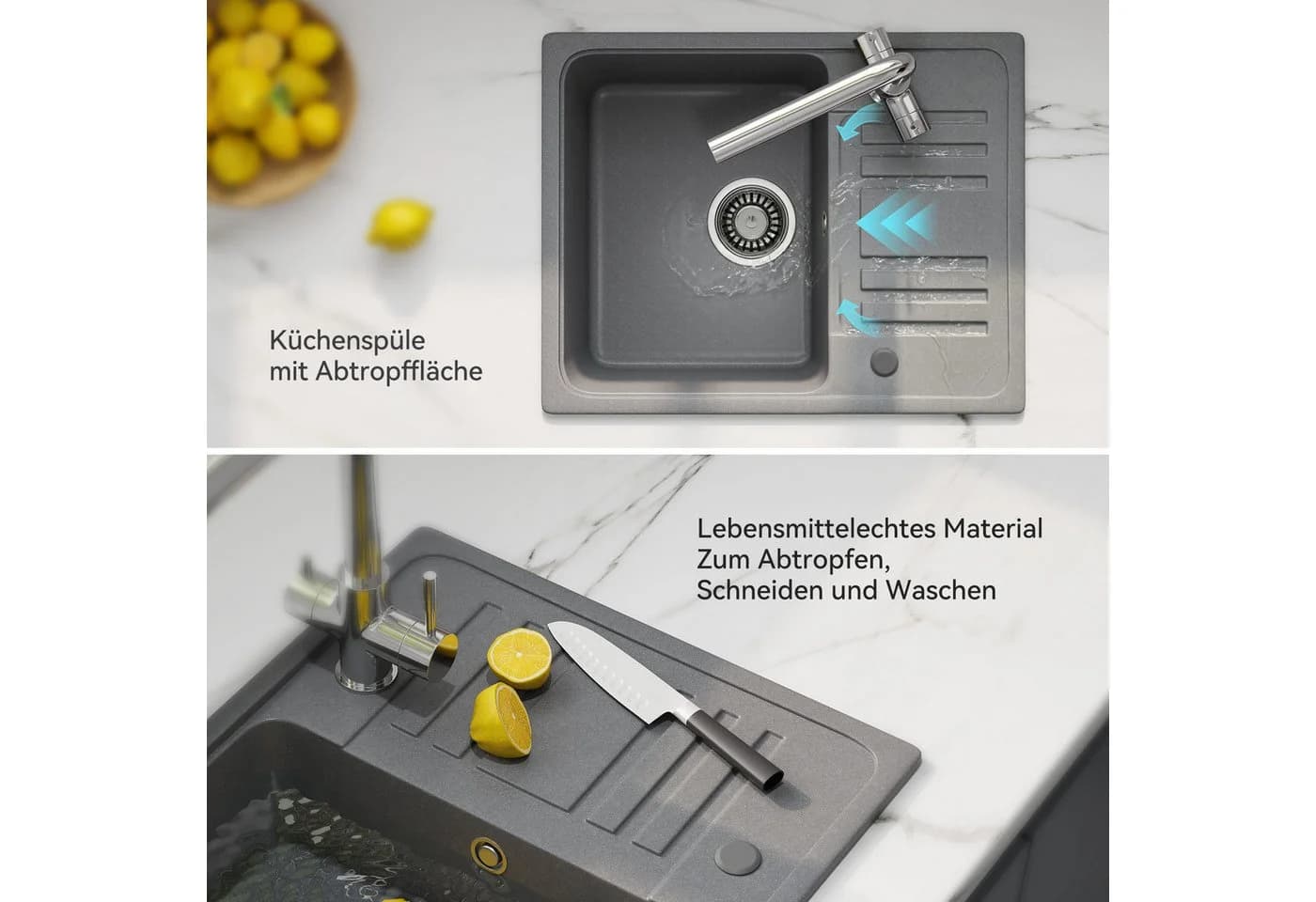 HOROW Granitspüle Küchenspüle Grau mit Siphon - Bild 5