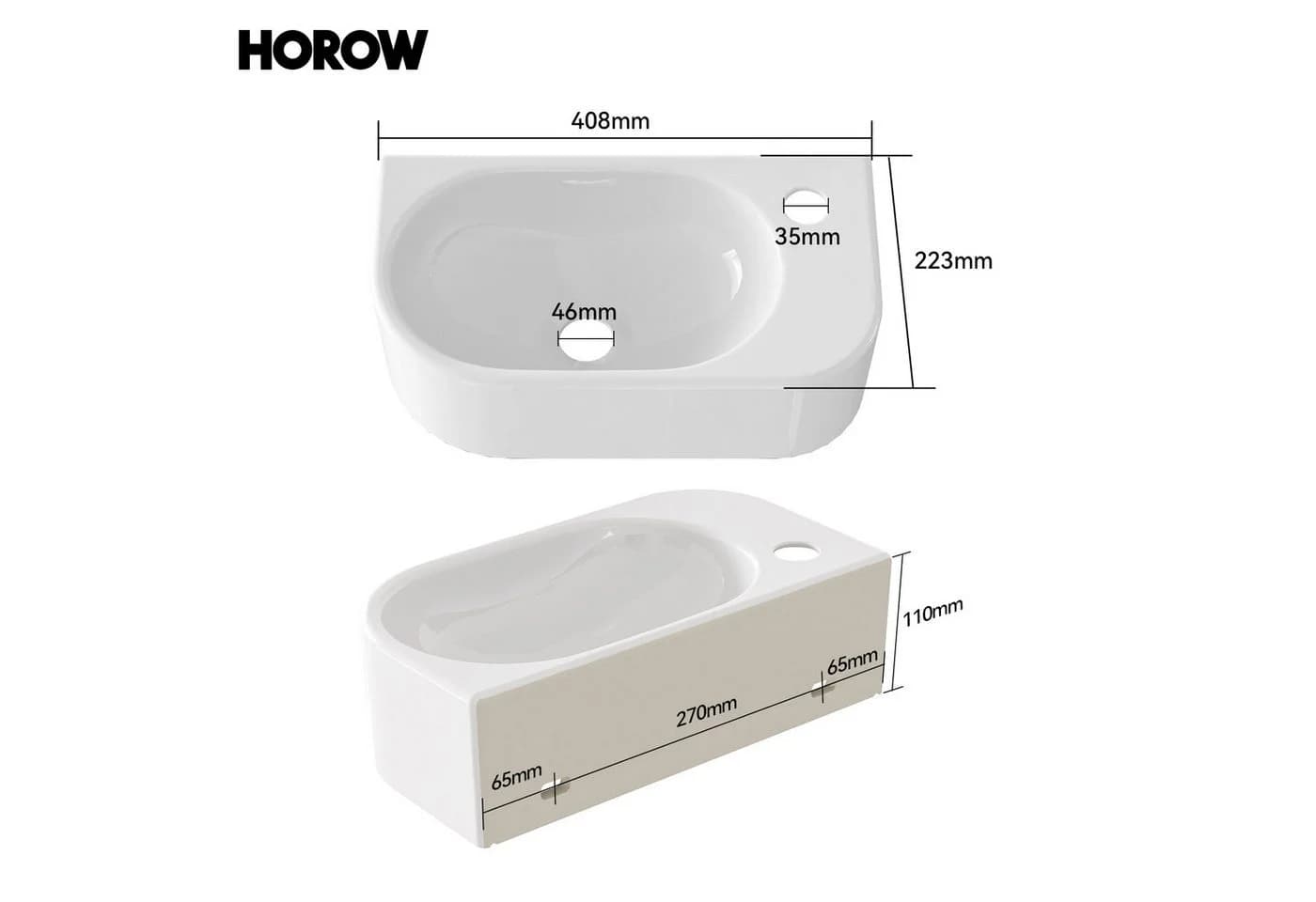 HOROW Hänge-Waschbecken Oval Weiß Keramik mit Hahnloch - Bild 4