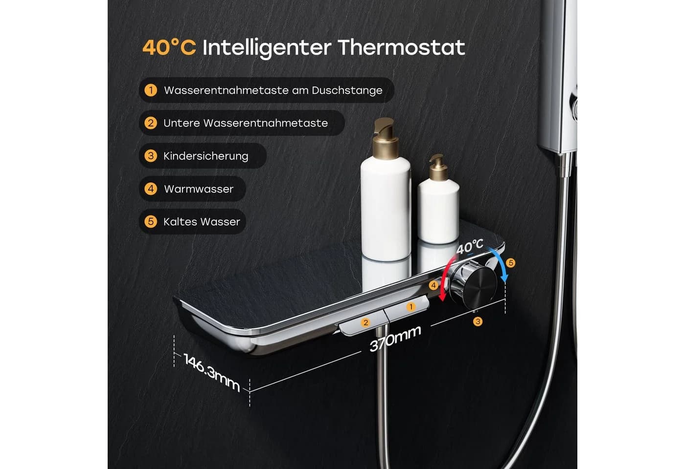 HOROW Duschsystem mit Thermostatarmatur und klappbarem Duschkopf - Bild 5