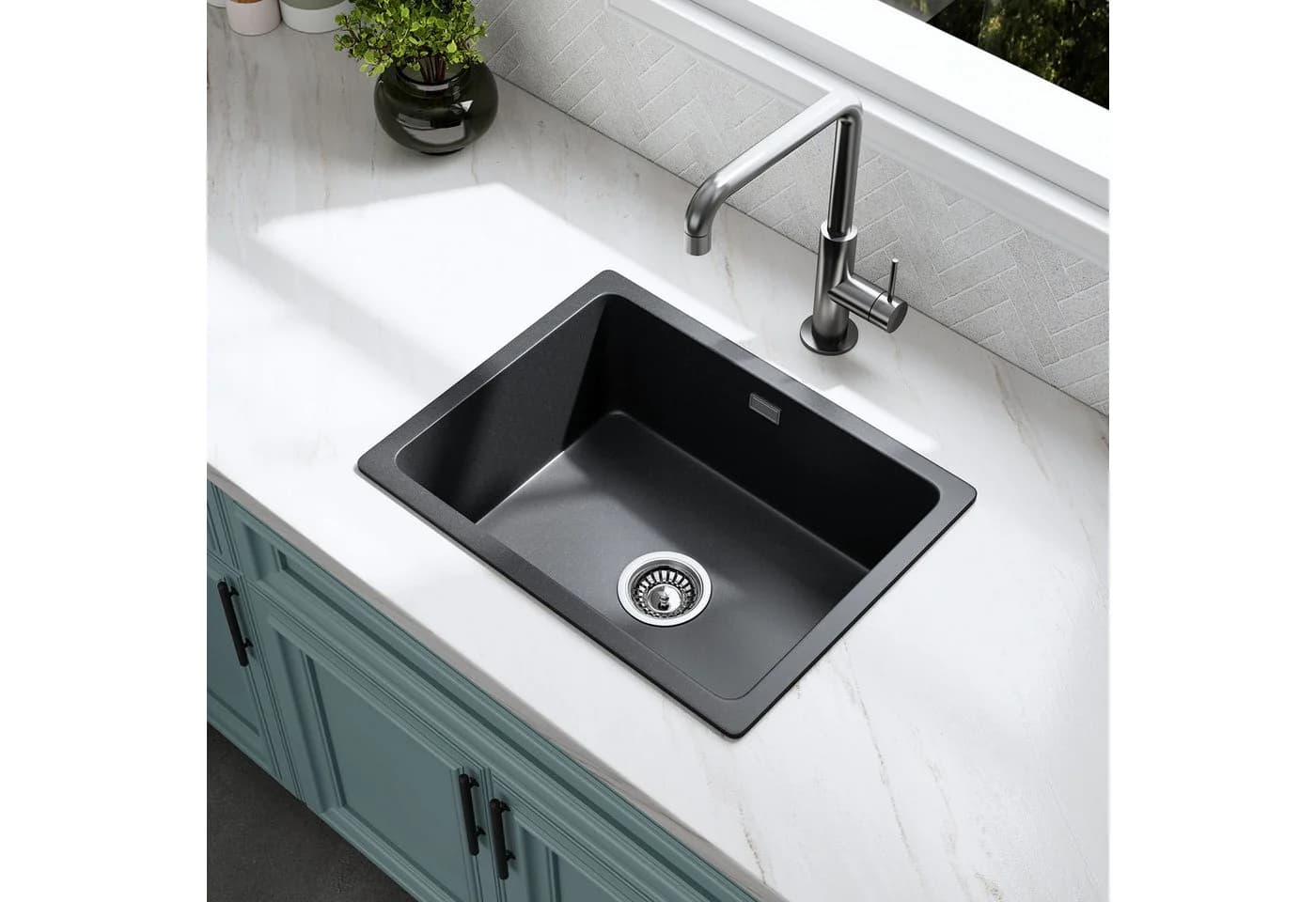 HOROW Granitspüle Küchenspüle anthrazit mit Siphon - Bild 3