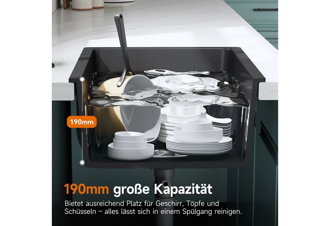 HOROW Granitspüle Küchenspüle anthrazit mit Siphon - Bild 4