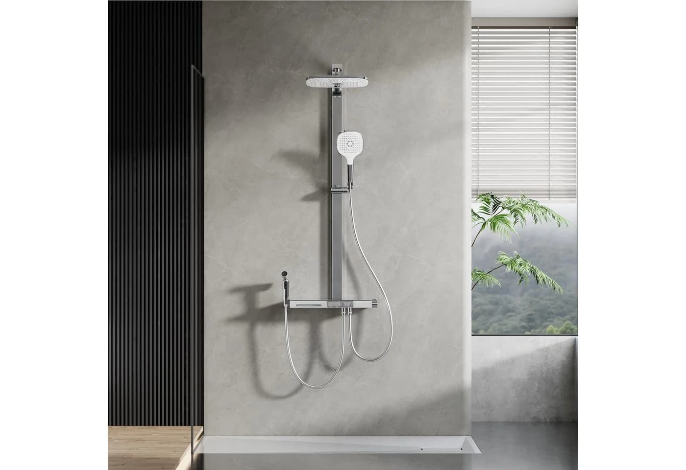HOROW Duschsystem mit Thermostat, Regendusche & Piano-Tasten, Chrom/Felsgrau
