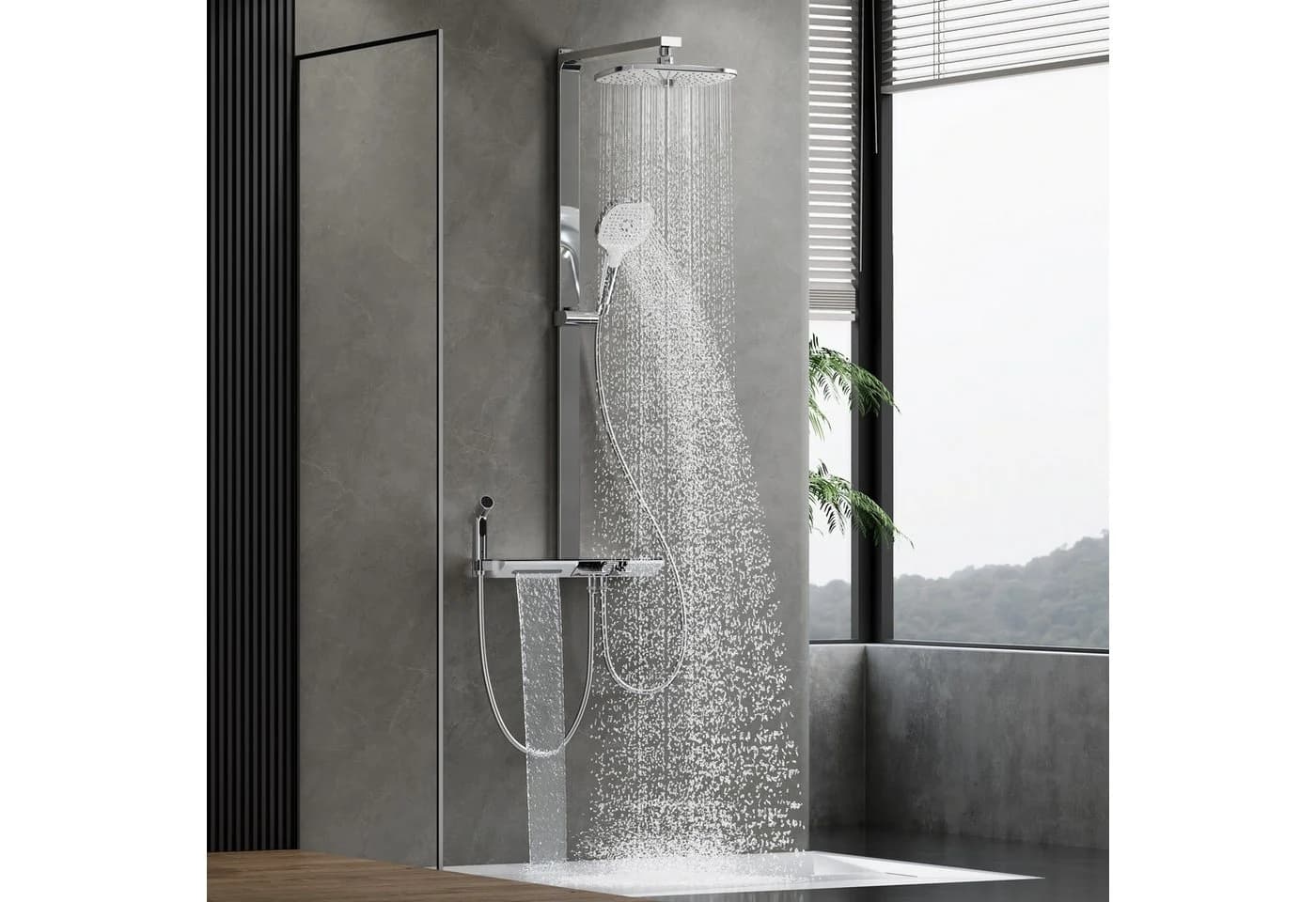 HOROW Duschsystem mit Thermostat, Regendusche & Piano-Tasten, Chrom/Felsgrau - Bild 2
