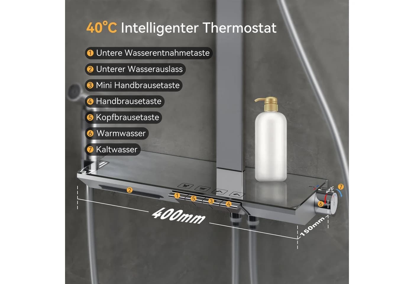 HOROW Duschsystem mit Thermostat, Regendusche & Piano-Tasten, Chrom/Felsgrau - Bild 5