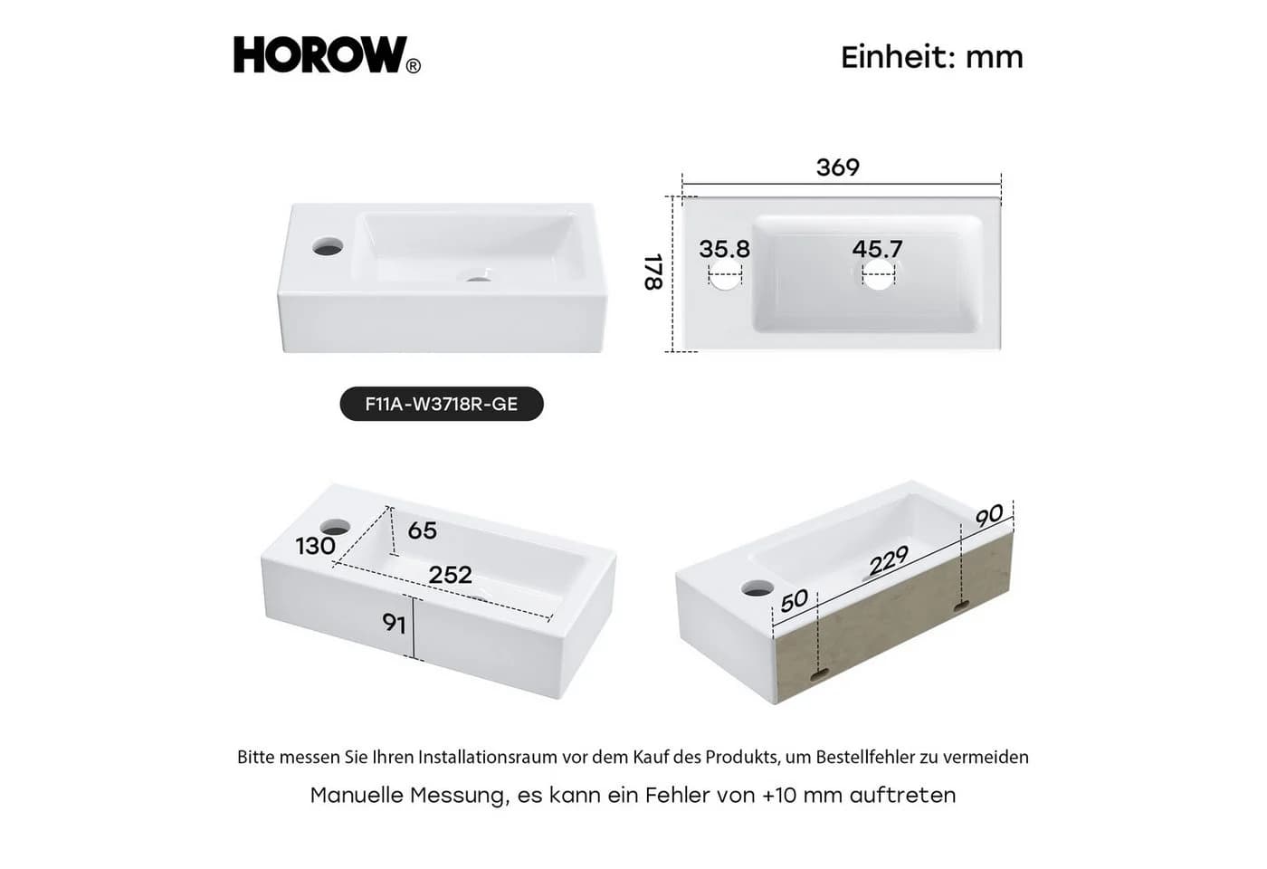 HOROW Mini Waschbecken aus Keramik, weiß, Hänge-/Aufsatzwaschbecken - Bild 4