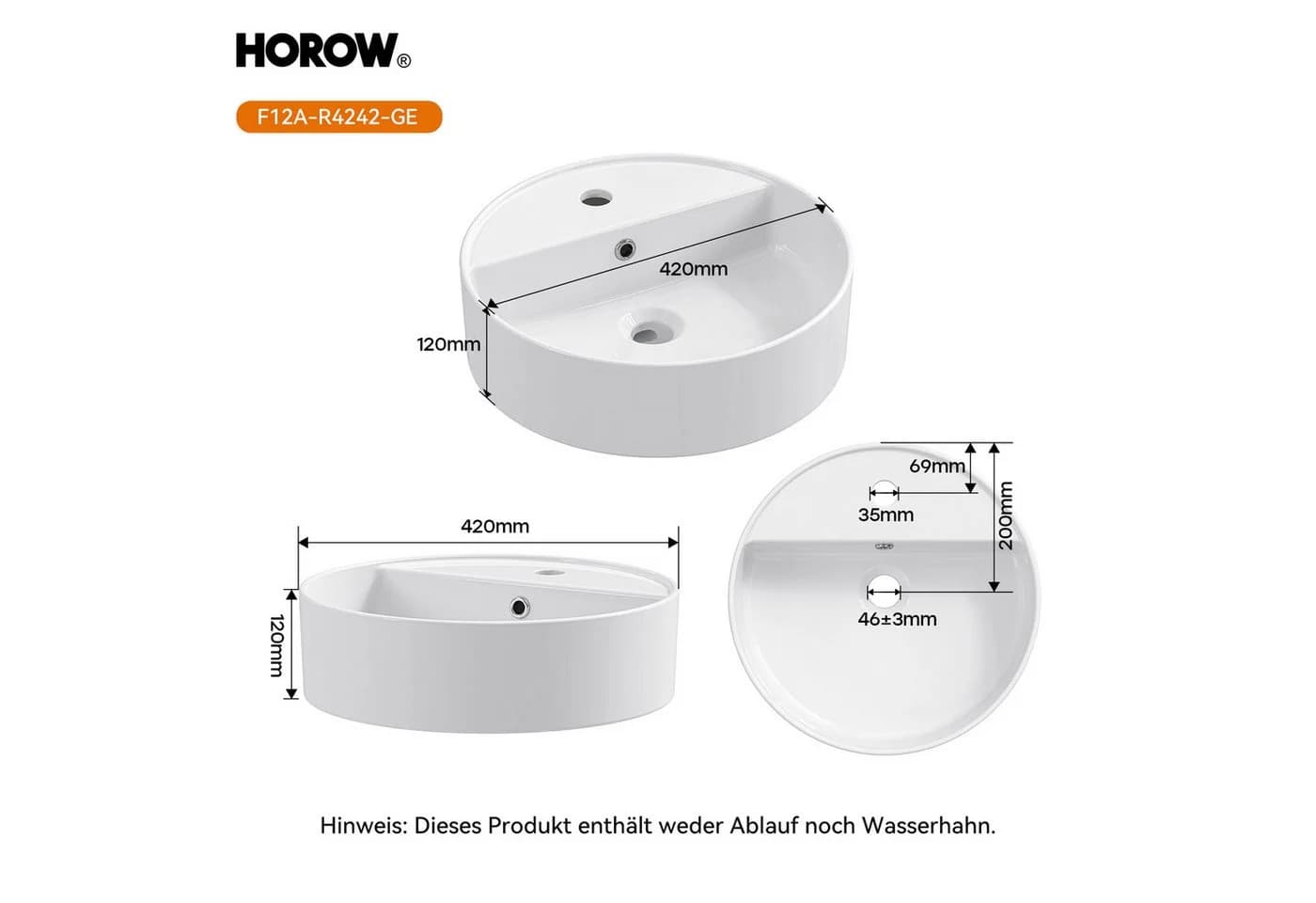 HOROW Aufsatzwaschbecken Oval Weiß Keramik Nano-Beschichtung - Bild 3
