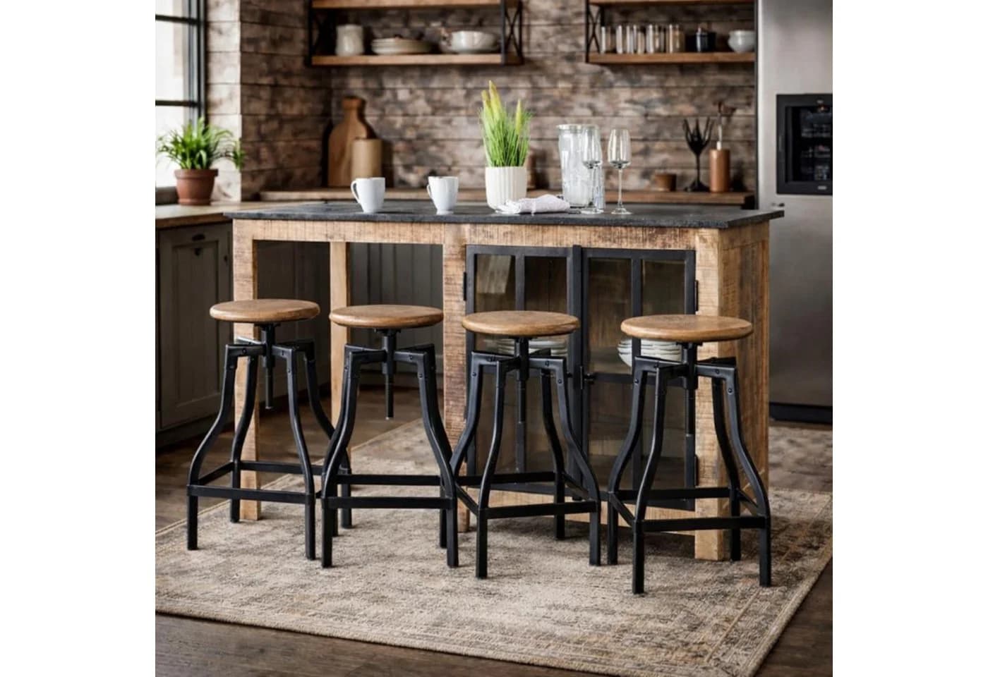baario Sitzhocker Barhocker INDUS, höhenverstellbar Eisen & Mangoholz Industrial Design