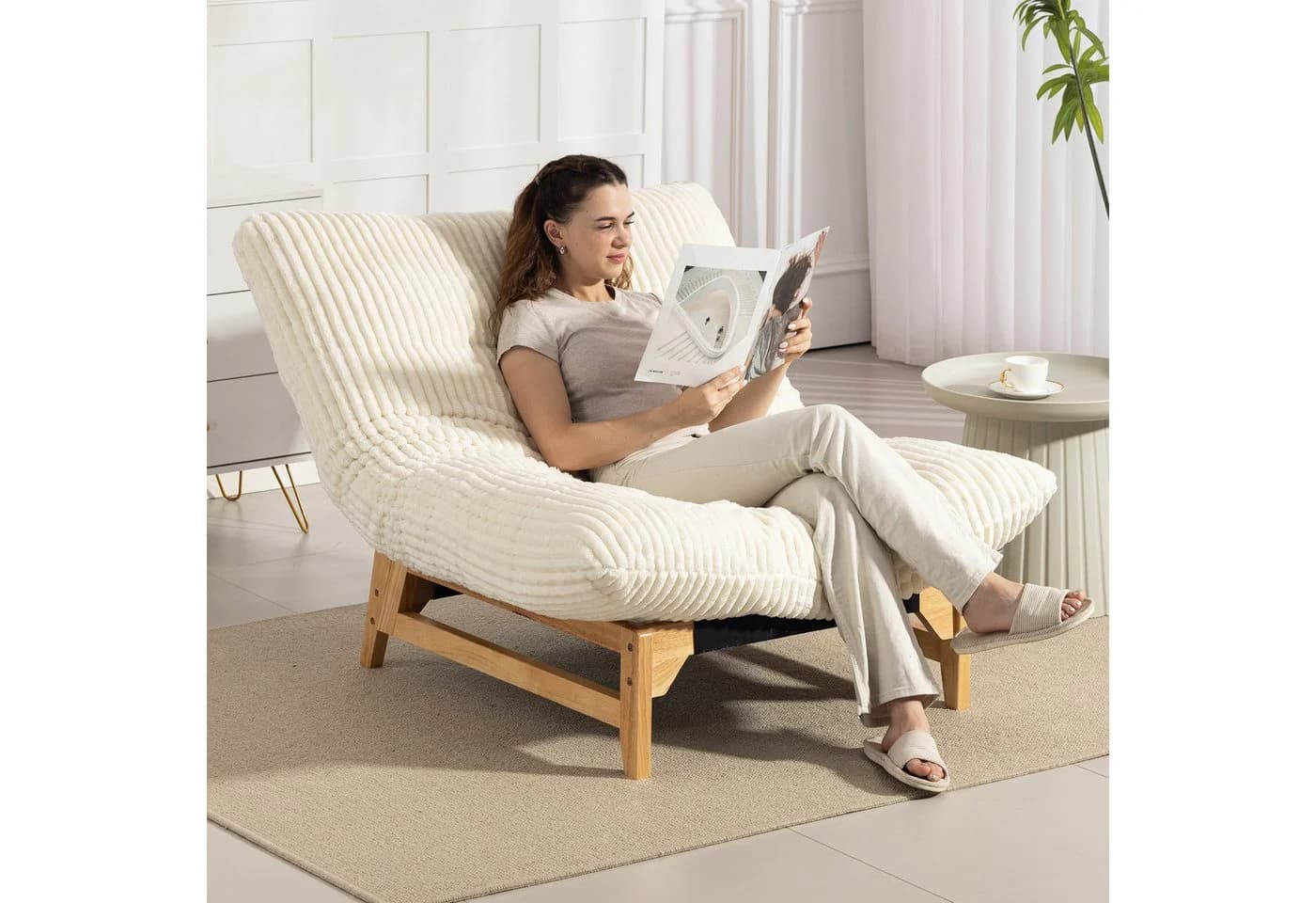 KLAM HOME Relaxsessel Weiß Kordelstoff Ergonomisch - Bild 2