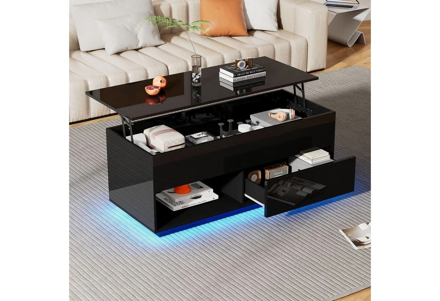 KLAM HOME Lift-Couchtisch Schwarz Hochglanz mit LED & Hydraulik - Bild 2