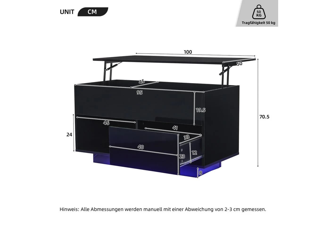 KLAM HOME Lift-Couchtisch Schwarz Hochglanz mit LED & Hydraulik - Bild 3