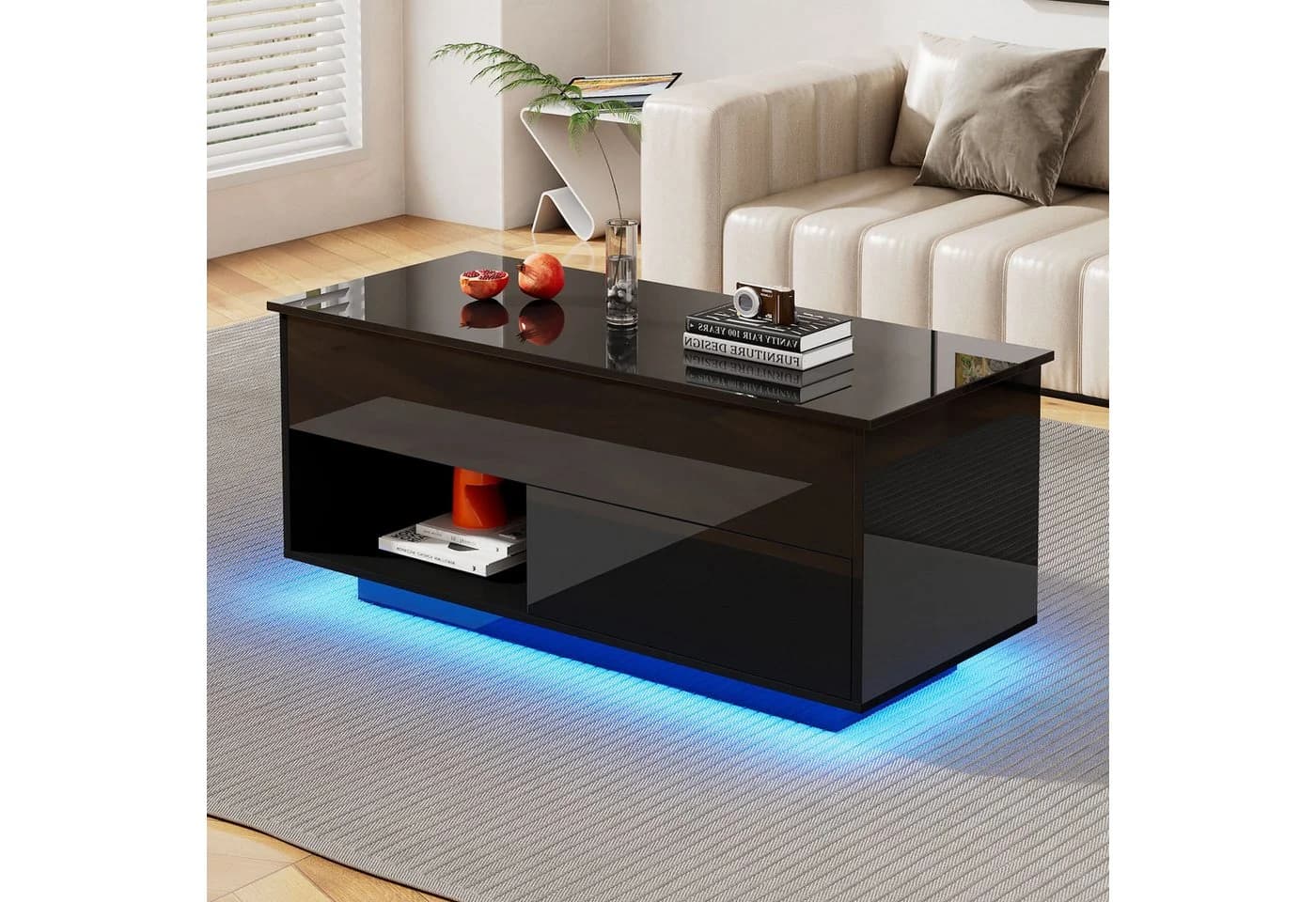 KLAM HOME Lift-Couchtisch Schwarz Hochglanz mit LED & Hydraulik - Bild 4