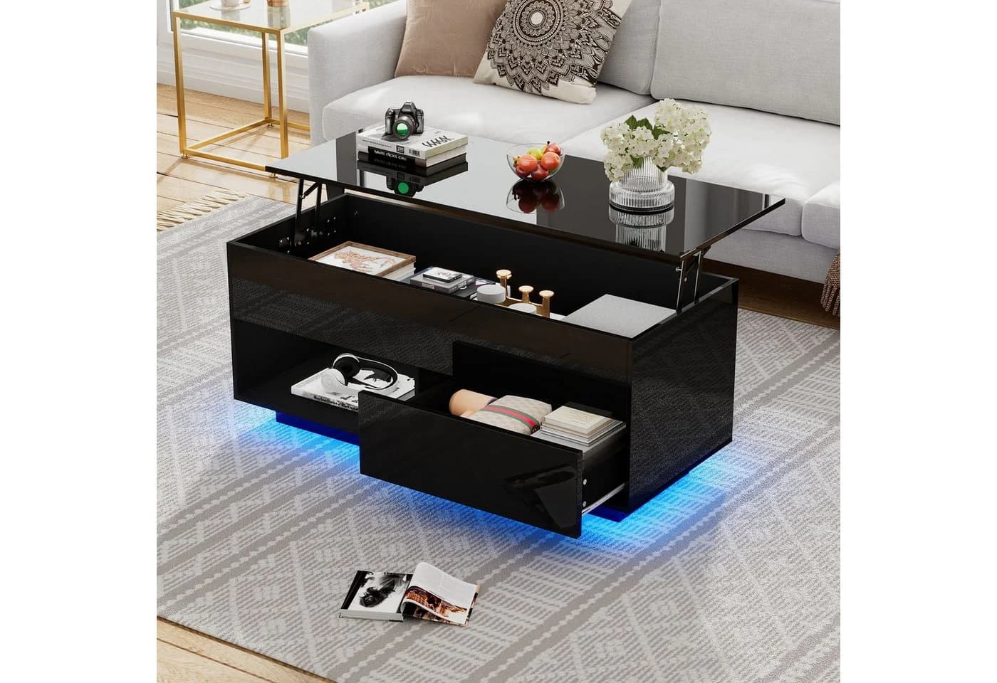 KLAM HOME Lift-Couchtisch Schwarz Hochglanz mit LED & Hydraulik - Bild 5