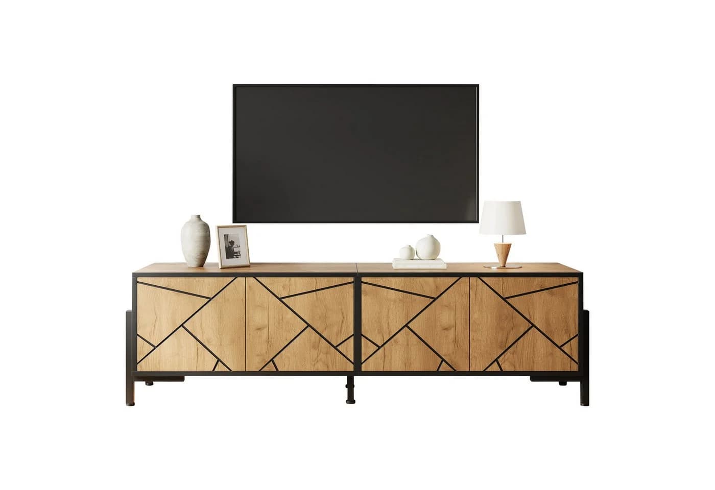 KLAM HOME Lowboard 153cm TV-Schrank Naturholz Schwarz