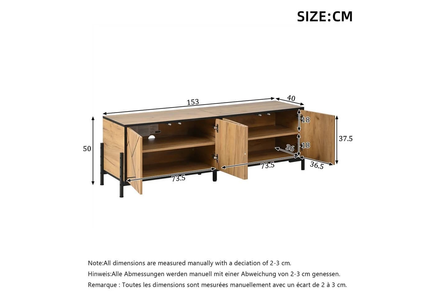 KLAM HOME Lowboard 153cm TV-Schrank Naturholz Schwarz - Bild 3