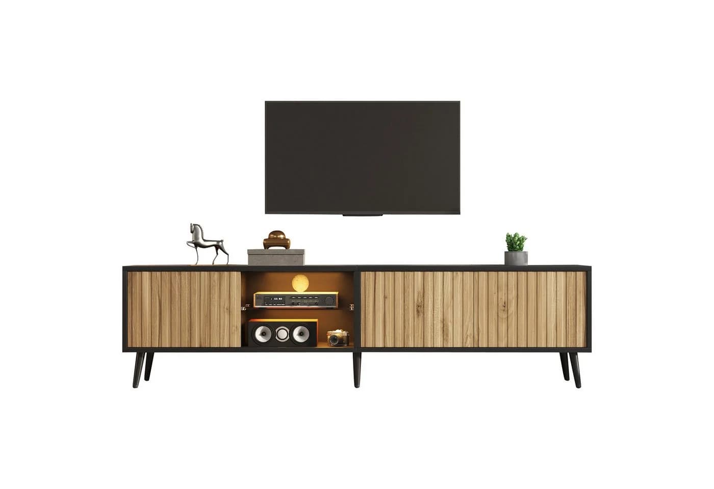 KLAM HOME LED TV-Schrank 175cm Naturholz-Schwarz mit App-Beleuchtung