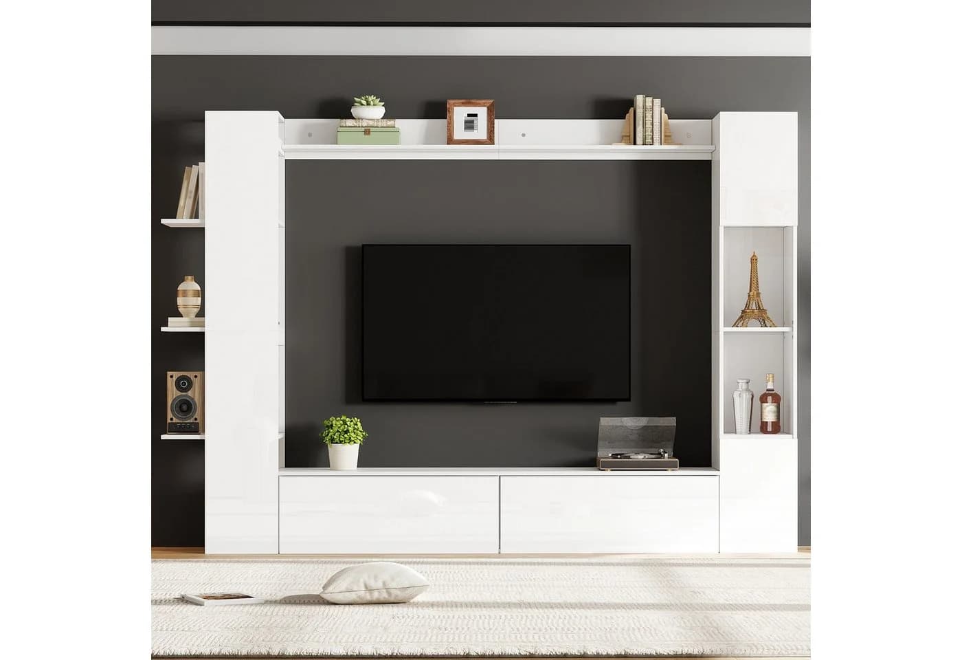 KLAM HOME Wohnwand 4-tlg. Weiß Hochglanz mit Vitrine & TV-Schrank - Bild 2