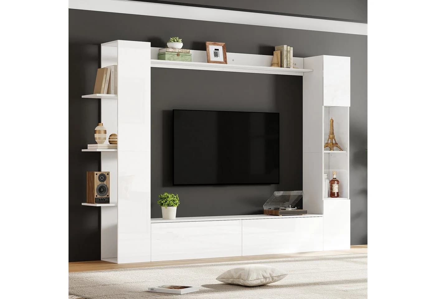 KLAM HOME Wohnwand 4-tlg. Weiß Hochglanz mit Vitrine & TV-Schrank - Bild 4