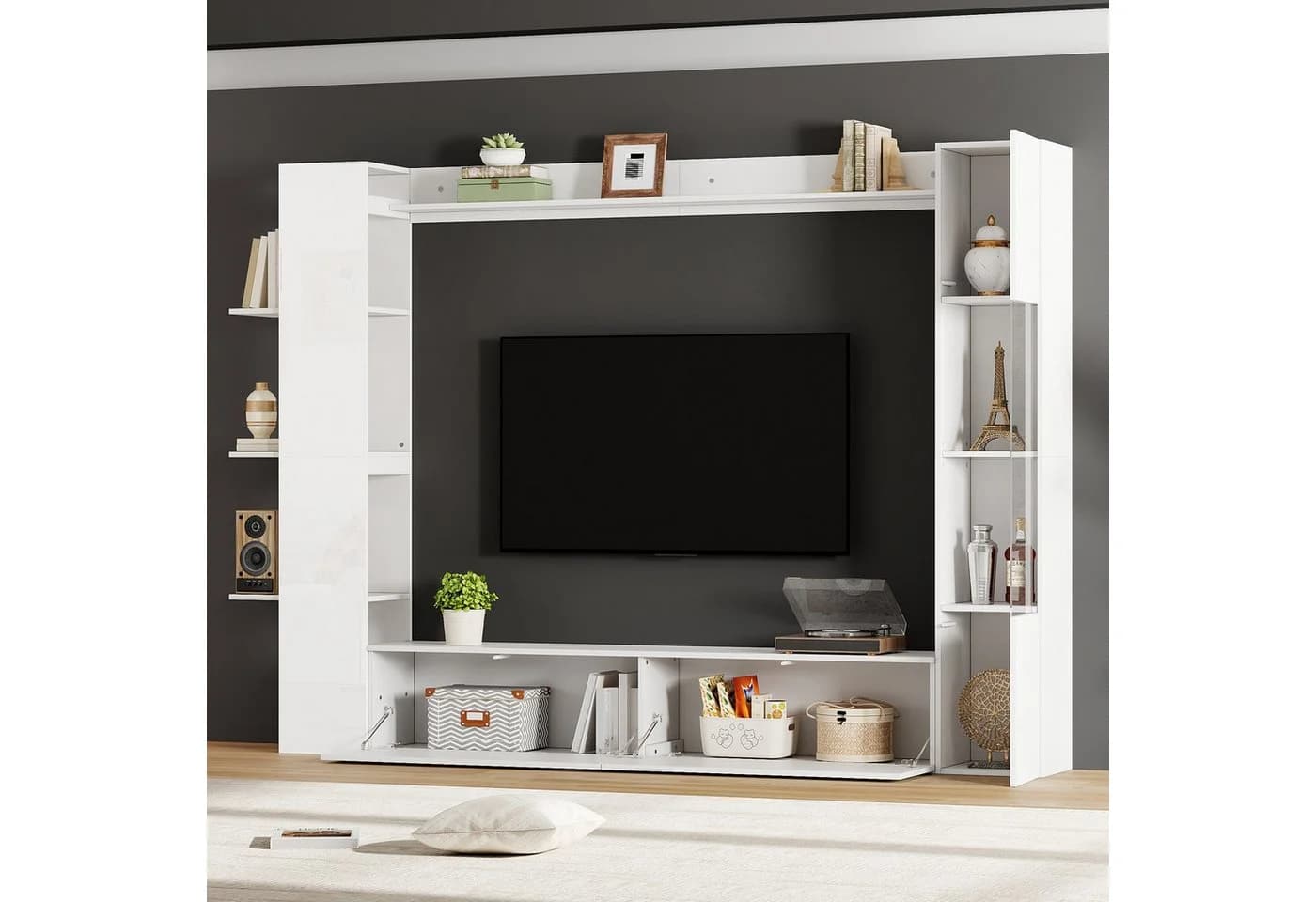 KLAM HOME Wohnwand 4-tlg. Weiß Hochglanz mit Vitrine & TV-Schrank - Bild 5