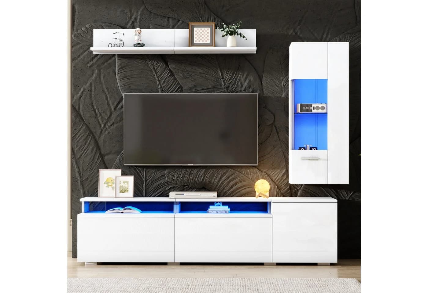 KLAM HOME Wohnwand 3-tlg. TV Set Weiß Hochglanz mit LED - Bild 4