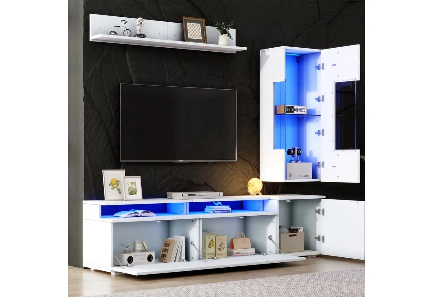 KLAM HOME Wohnwand 3-tlg. TV Set Weiß Hochglanz mit LED - Bild 5