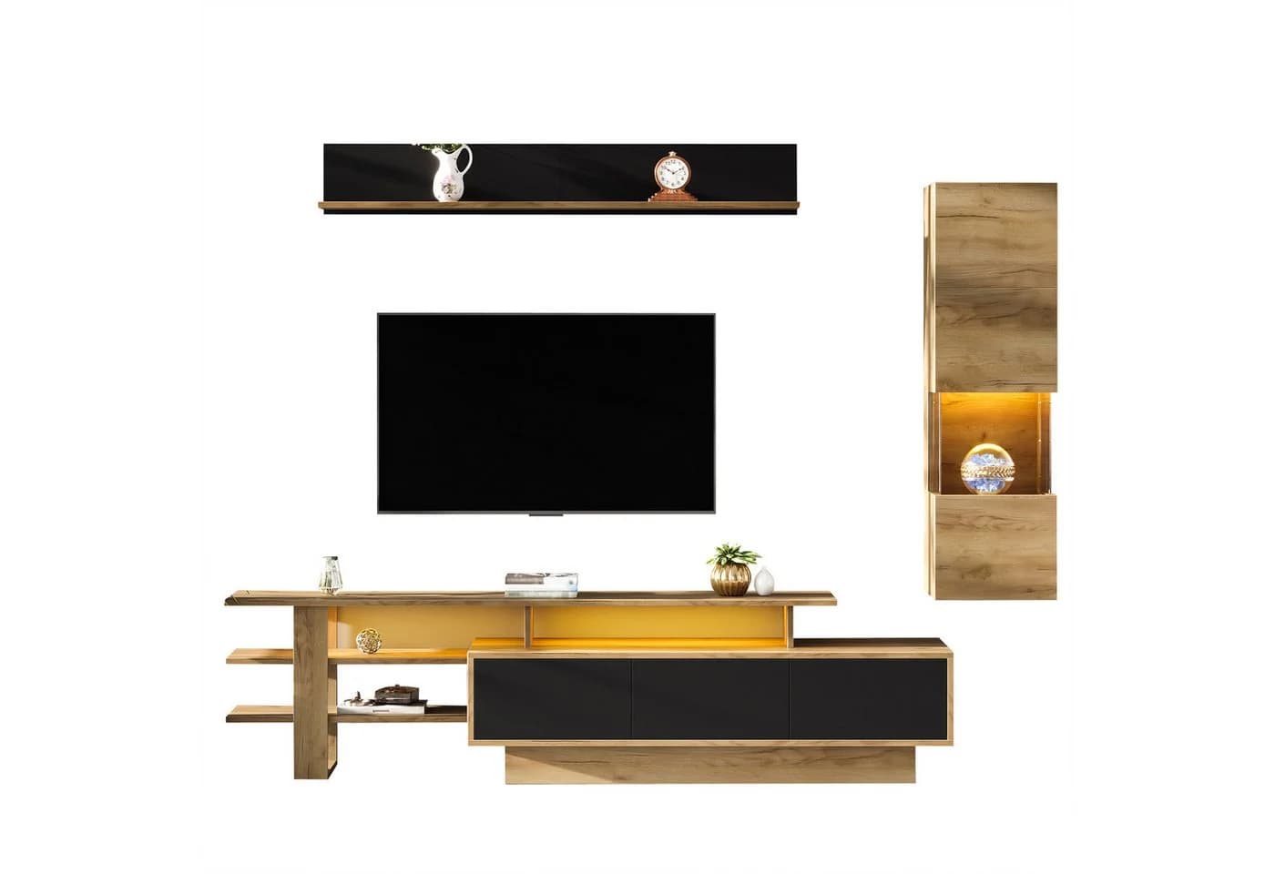 KLAM HOME Wohnwand 3-tlg. TV-Schrank Set Schwarz Holzoptik mit LED