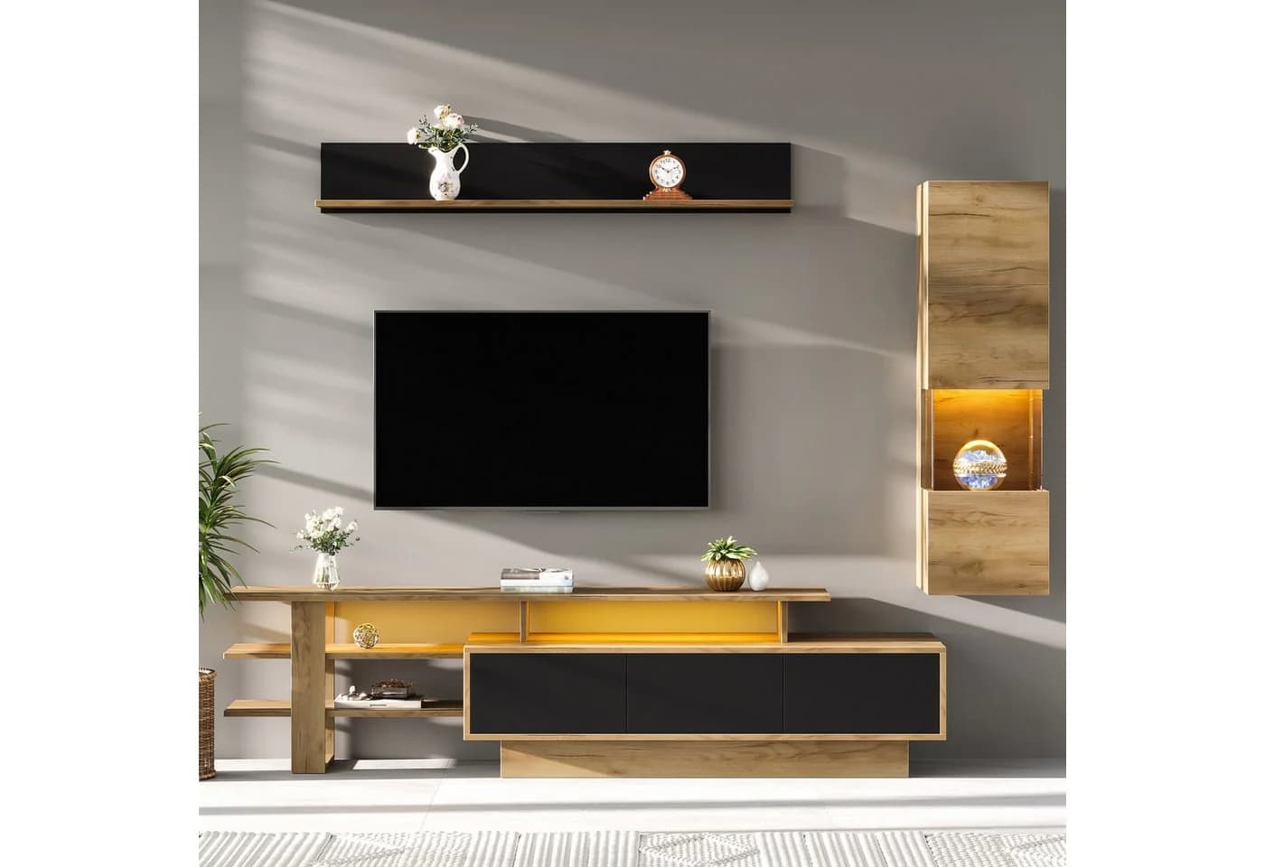 KLAM HOME Wohnwand 3-tlg. TV-Schrank Set Schwarz Holzoptik mit LED - Bild 2