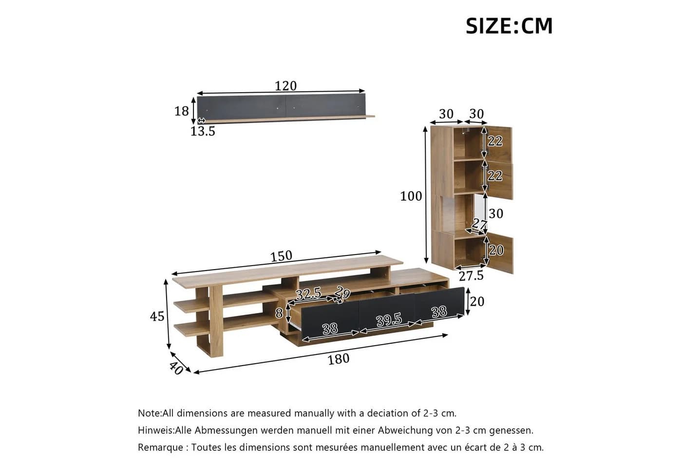 KLAM HOME Wohnwand 3-tlg. TV-Schrank Set Schwarz Holzoptik mit LED - Bild 3