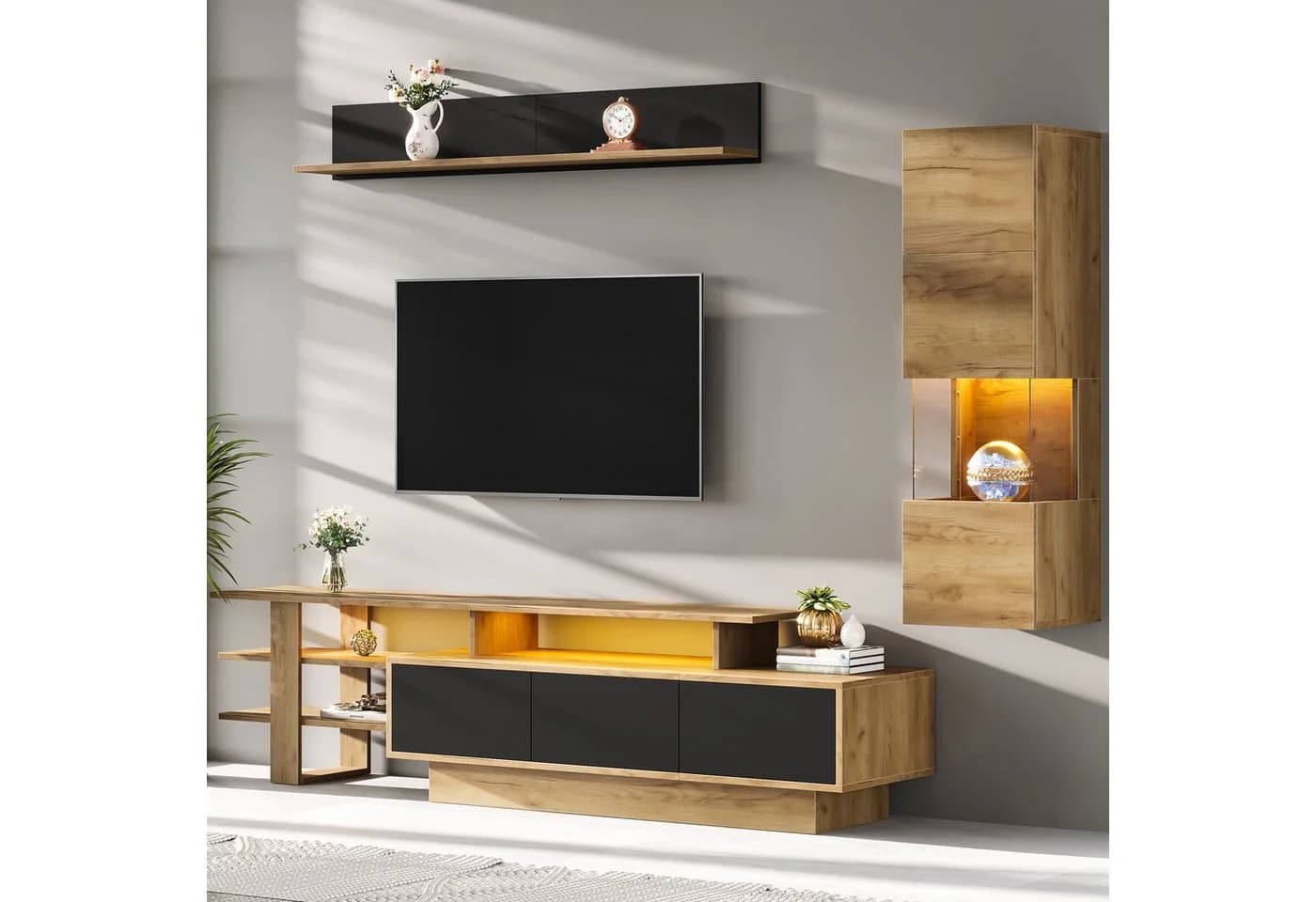 KLAM HOME Wohnwand 3-tlg. TV-Schrank Set Schwarz Holzoptik mit LED - Bild 4