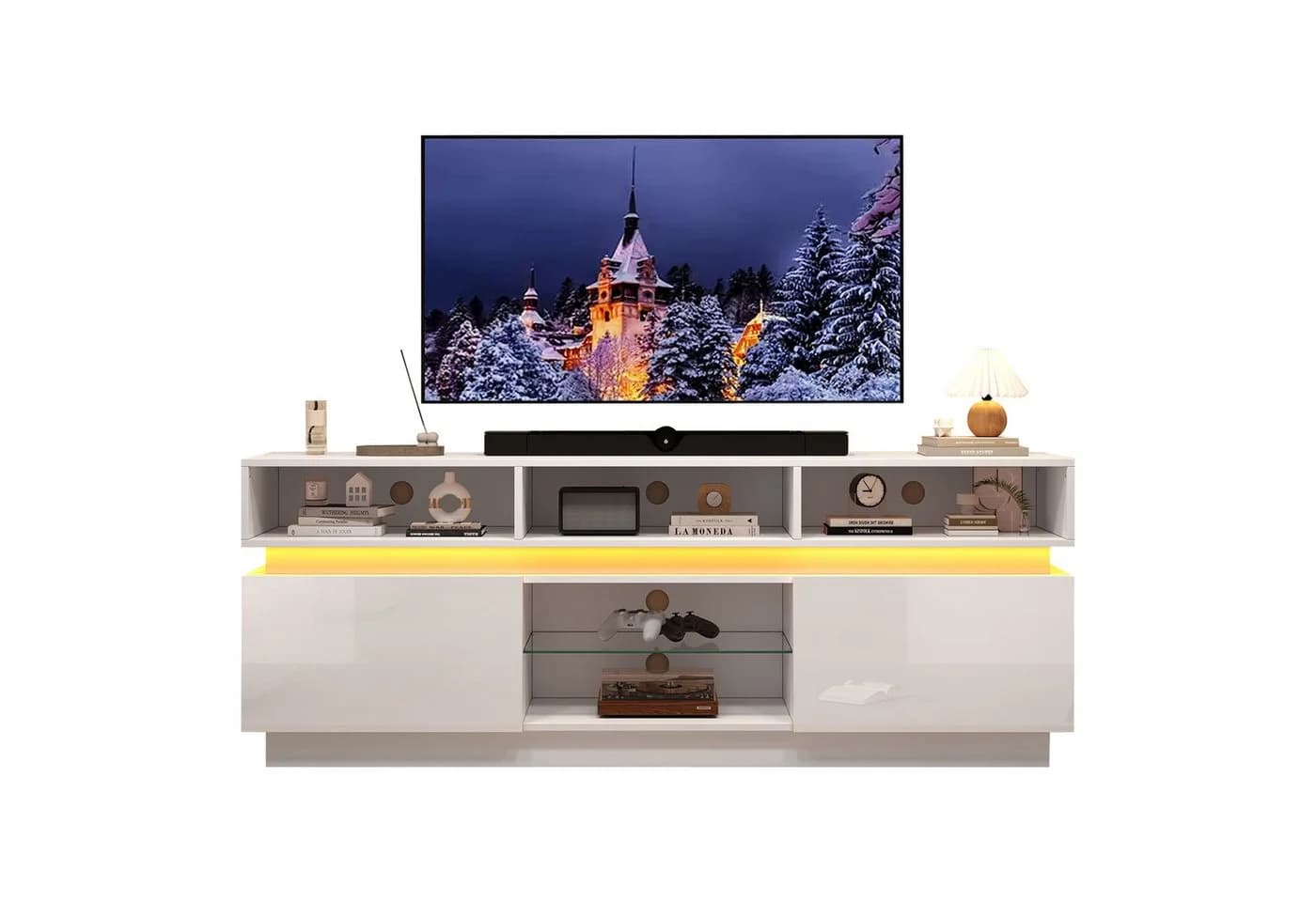 KLAM HOME TV Lowboard Weiß Hochglanz mit LED & Glasablage