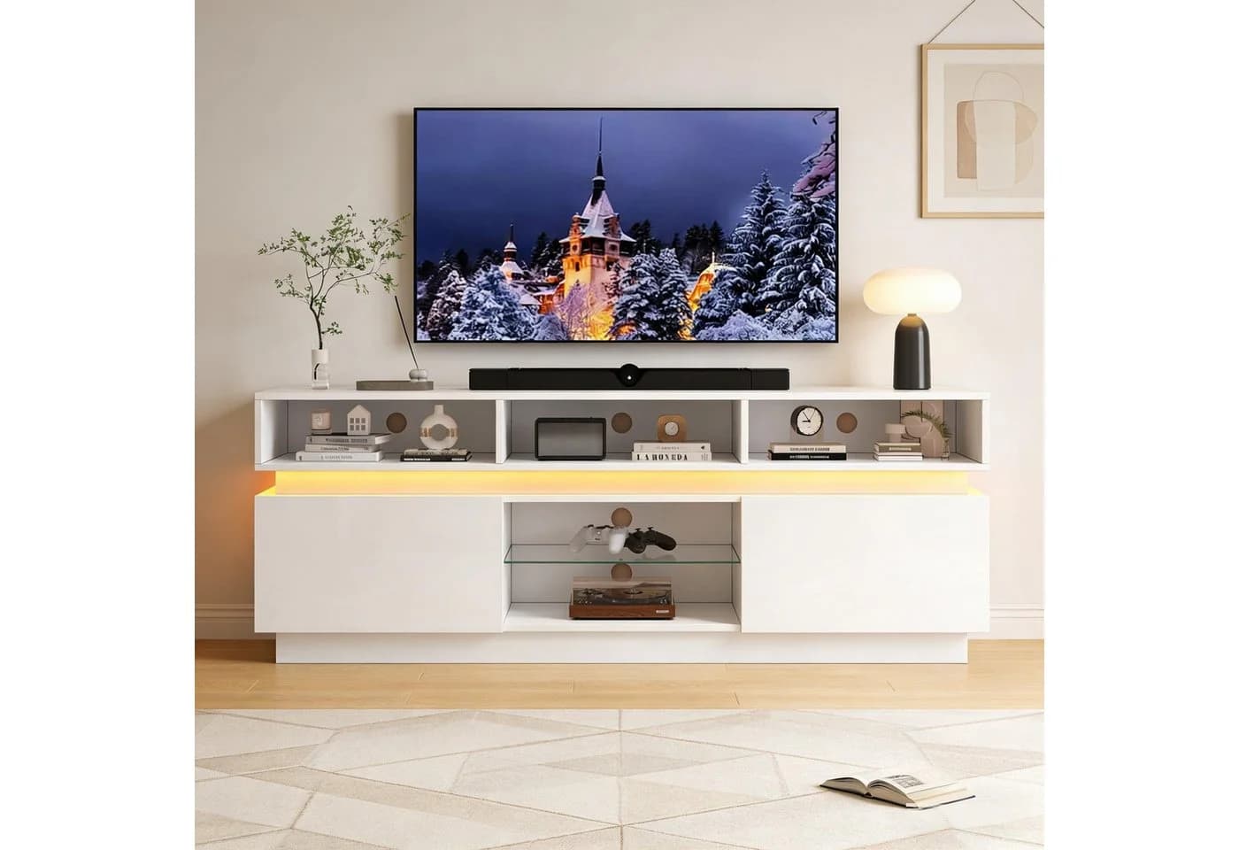 KLAM HOME TV Lowboard Weiß Hochglanz mit LED & Glasablage - Bild 2