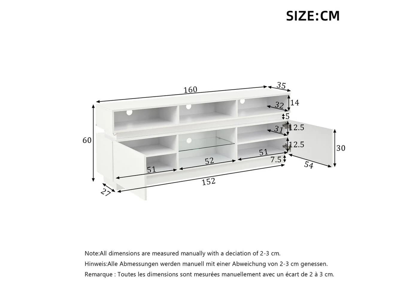 KLAM HOME TV Lowboard Weiß Hochglanz mit LED & Glasablage - Bild 3