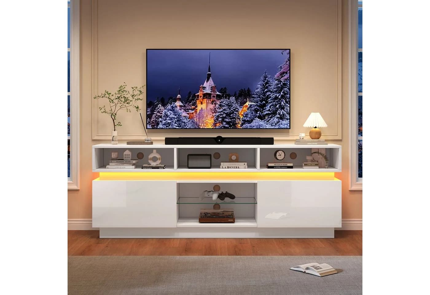 KLAM HOME TV Lowboard Weiß Hochglanz mit LED & Glasablage - Bild 4