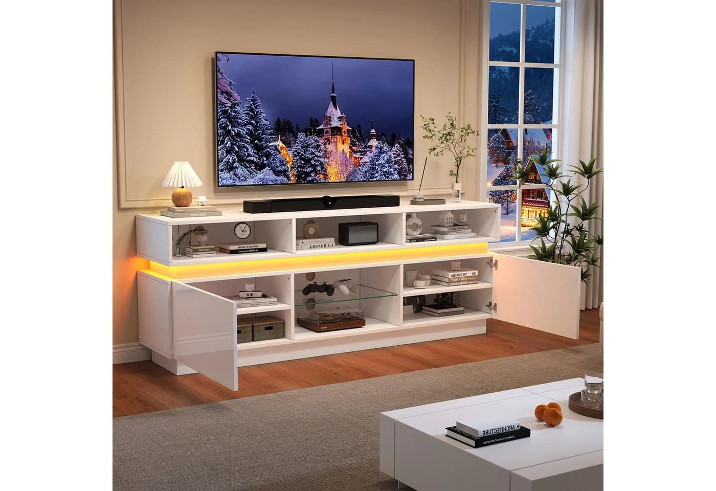 KLAM HOME TV Lowboard Weiß Hochglanz mit LED & Glasablage - Bild 5