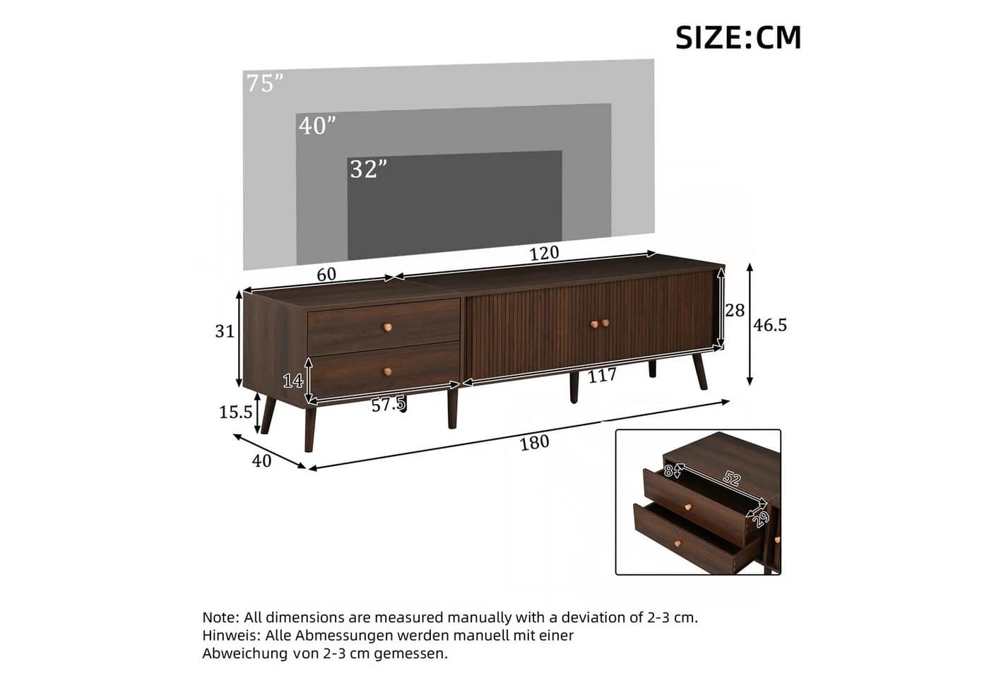 KLAM HOME TV Lowboard 180cm Walnuss mit Schubladen & Rolltüren - Bild 3
