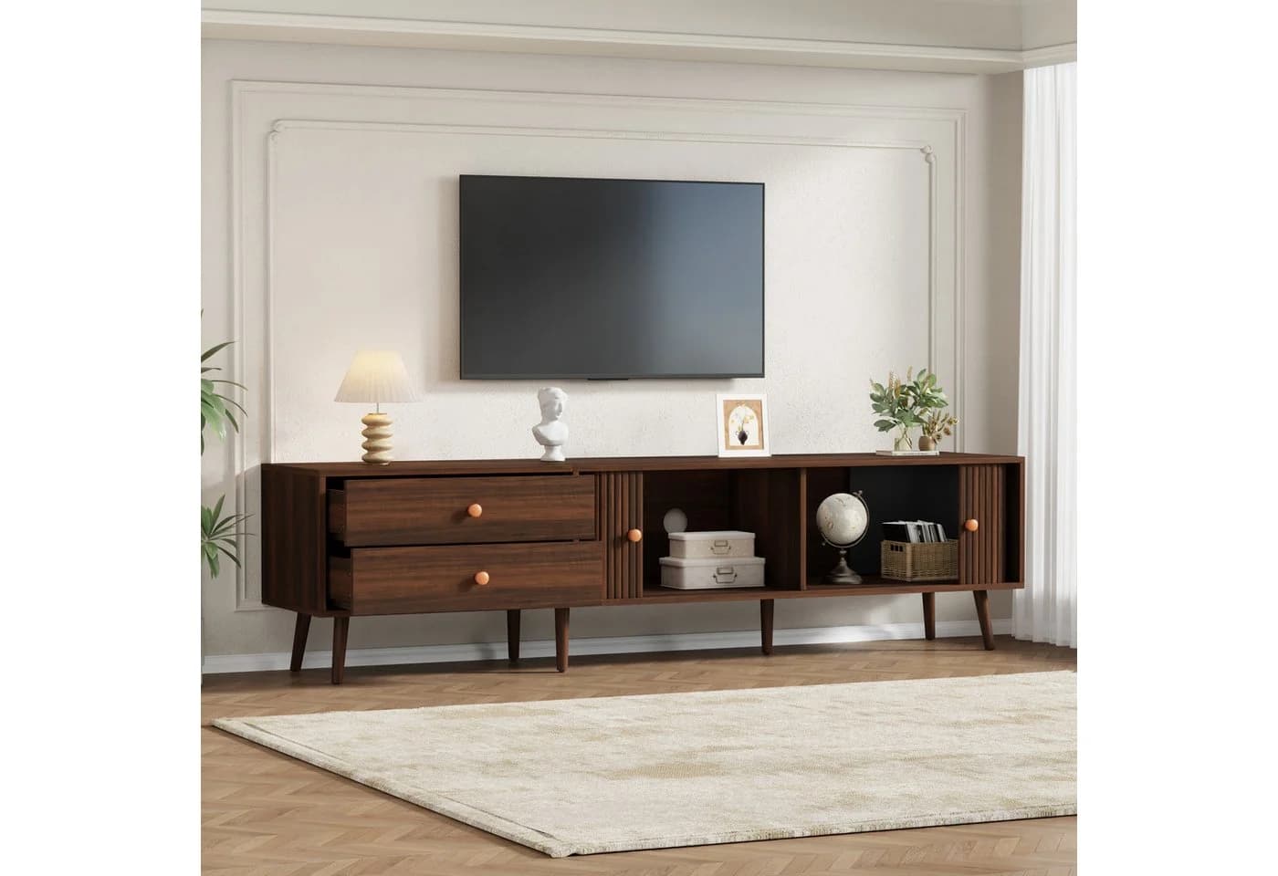 KLAM HOME TV Lowboard 180cm Walnuss mit Schubladen & Rolltüren - Bild 5