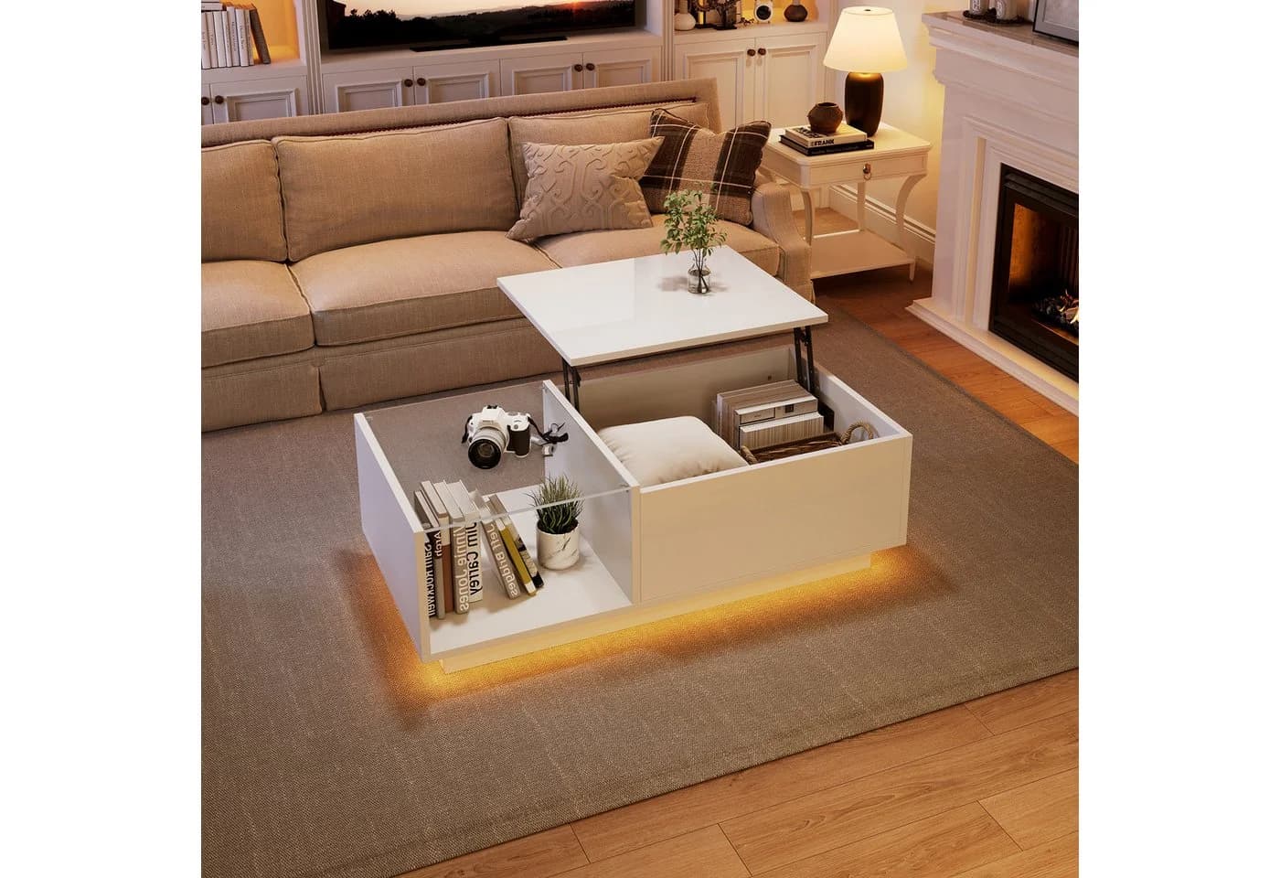 KLAM HOME Höhenverstellbarer LED-Couchtisch Weiß Hochglanz - Bild 2