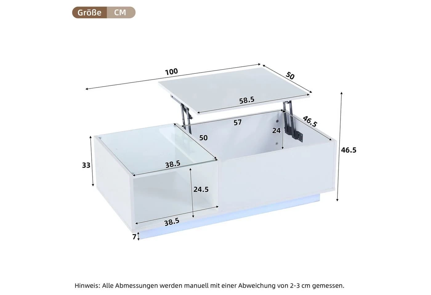 KLAM HOME Höhenverstellbarer LED-Couchtisch Weiß Hochglanz - Bild 3