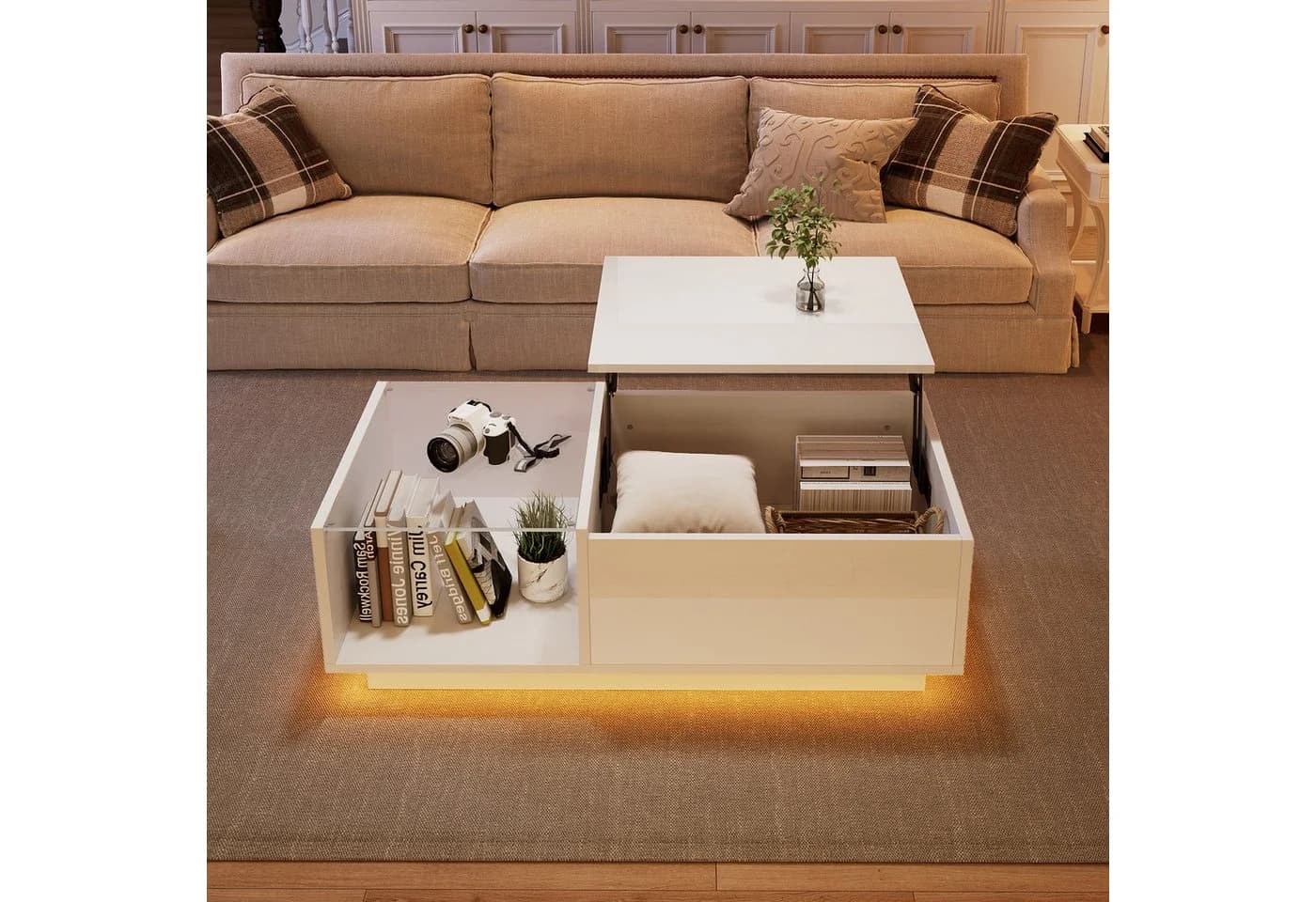 KLAM HOME Höhenverstellbarer LED-Couchtisch Weiß Hochglanz - Bild 4