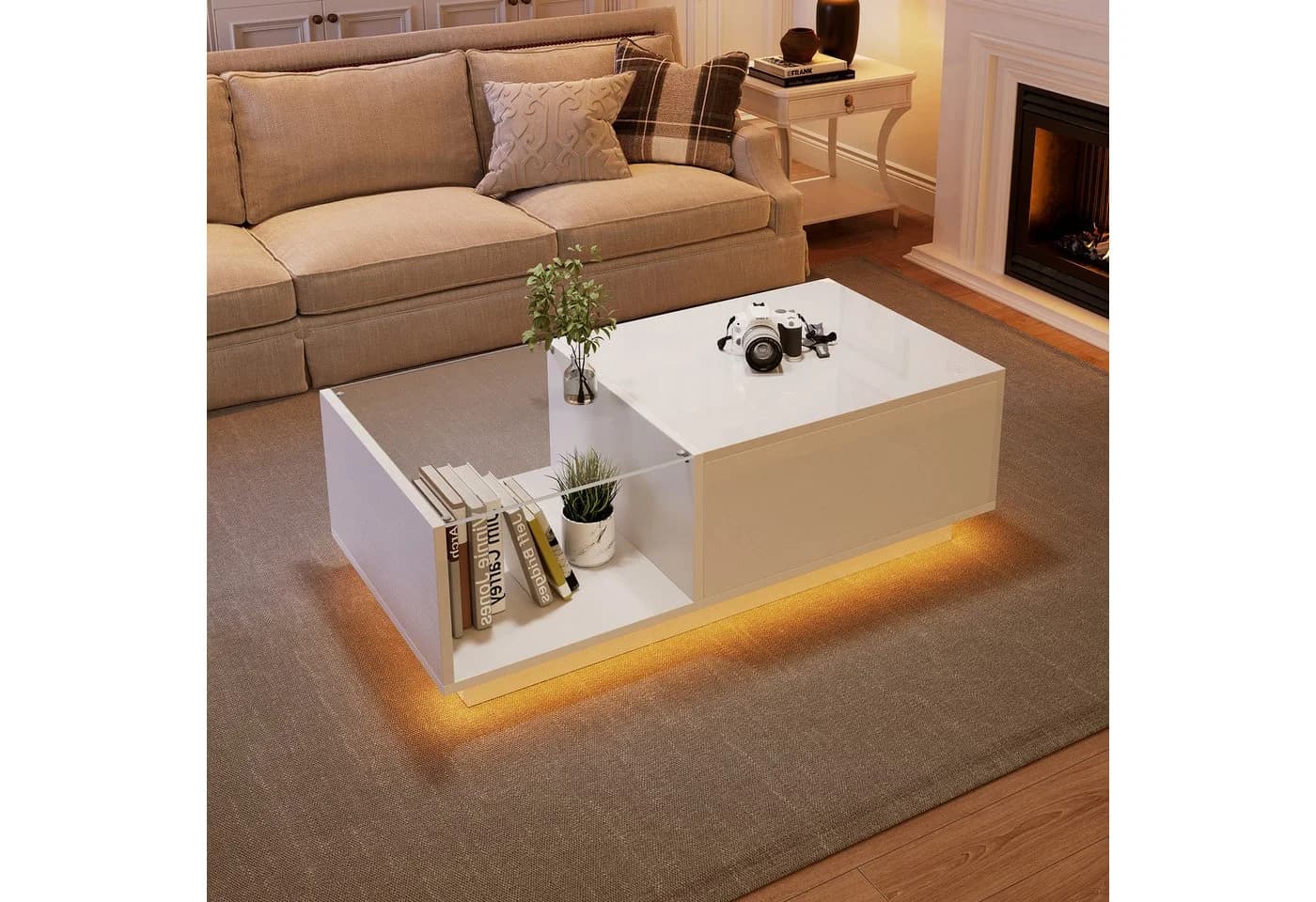 KLAM HOME Höhenverstellbarer LED-Couchtisch Weiß Hochglanz - Bild 5