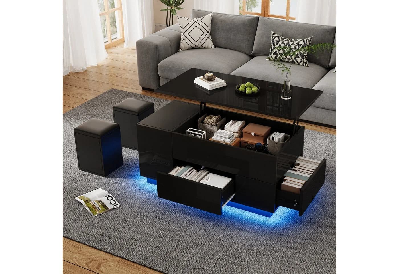 KLAM HOME Höhenverstellbarer LED-Couchtisch Weiß Hochglanz mit Hockern - Bild 2