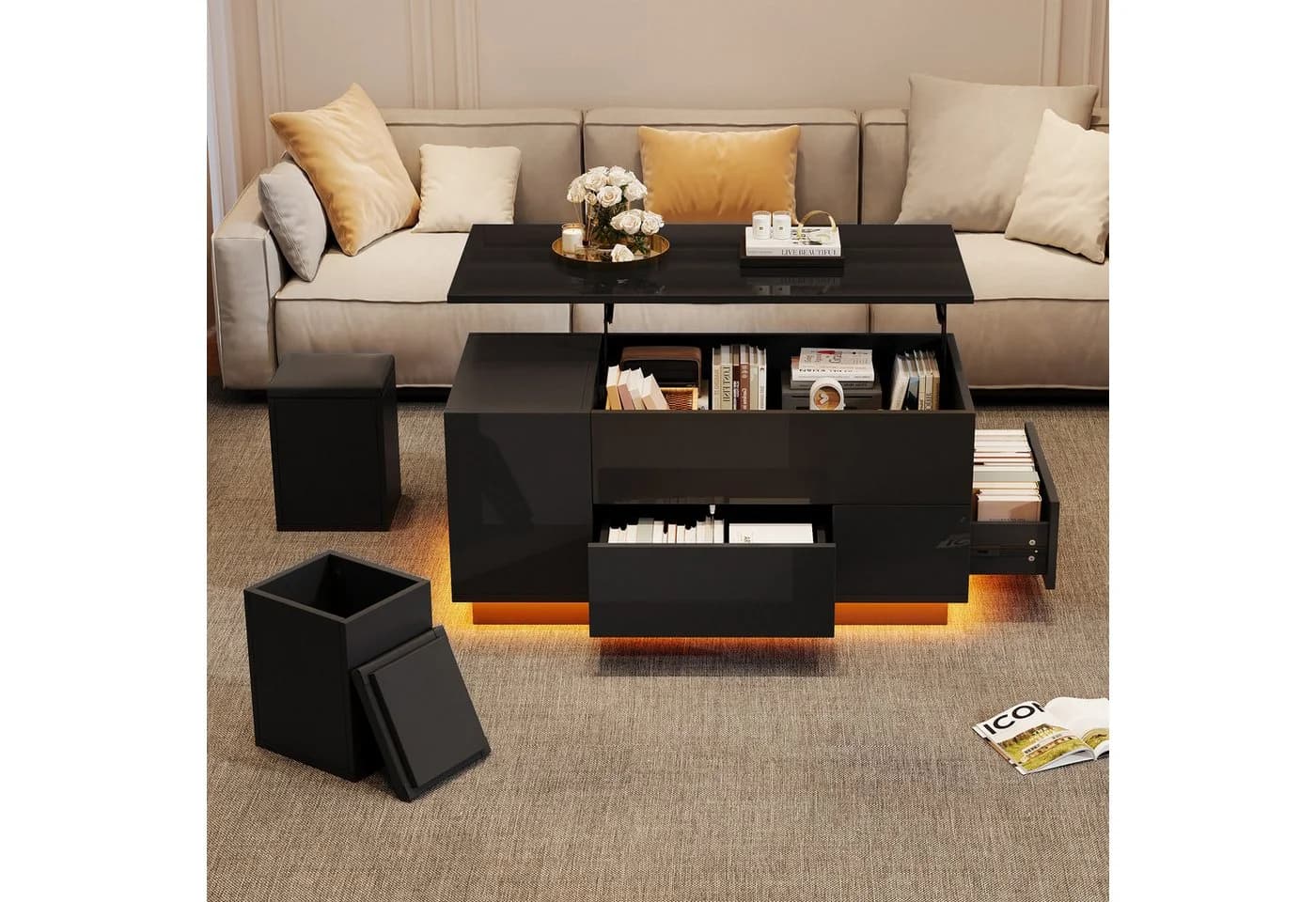 KLAM HOME Höhenverstellbarer LED-Couchtisch Weiß Hochglanz mit Hockern - Bild 4