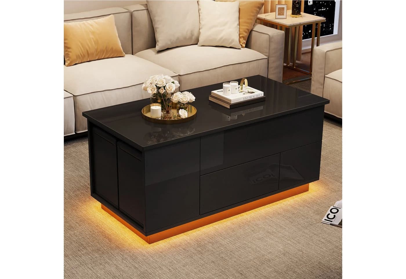 KLAM HOME Höhenverstellbarer LED-Couchtisch Weiß Hochglanz mit Hockern - Bild 5
