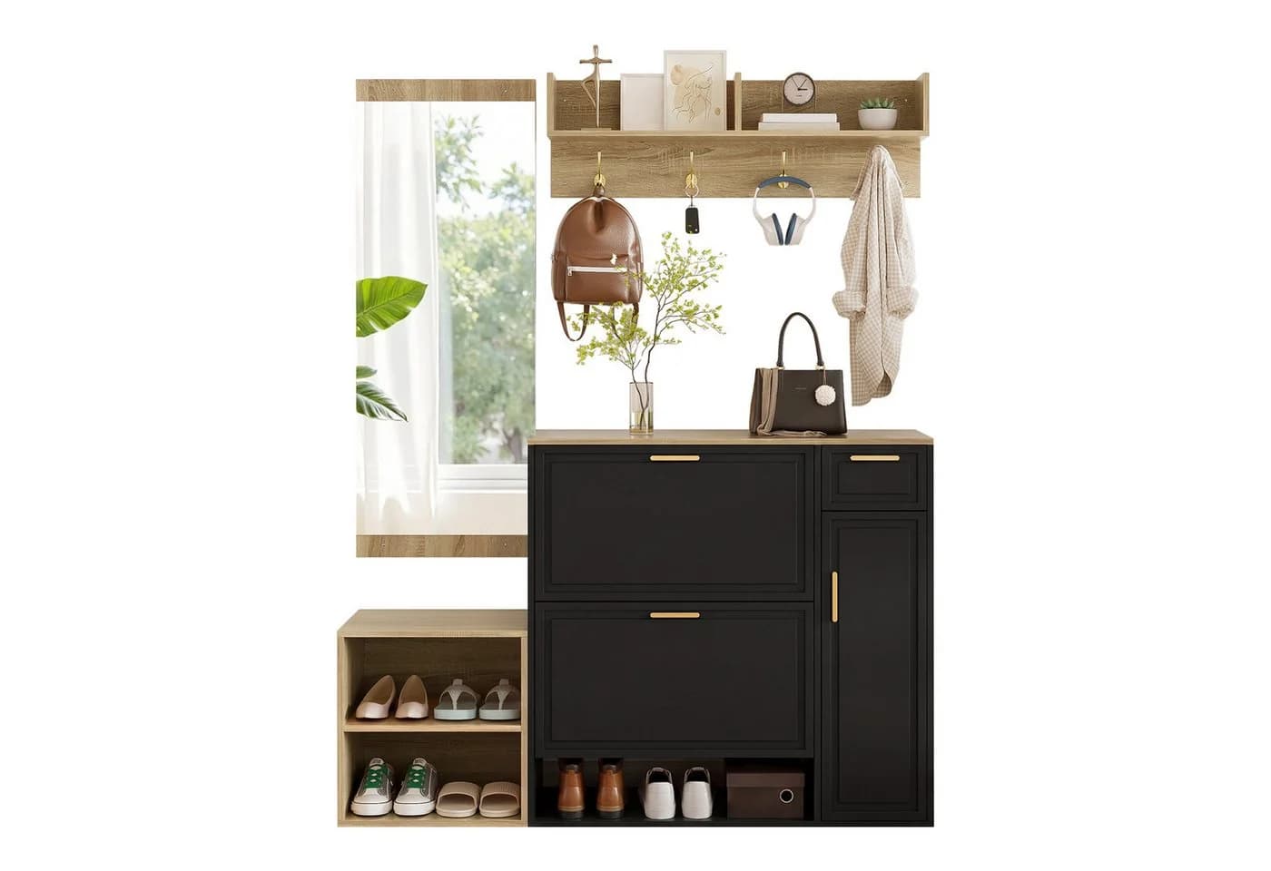KLAM HOME Garderoben-Set 4-tlg. mit Bank, Spiegel & Schrank